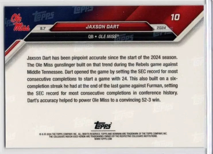 2024 Topps Bowman U Now Jaxson Dart #10 Blue #/49 Ole Miss Rebels Football Card