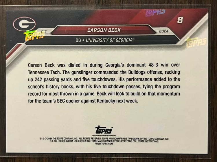 2024 Topps Bowman U Now Carson Beck #8 Blue #/49 Georgia Bulldogs Football Card