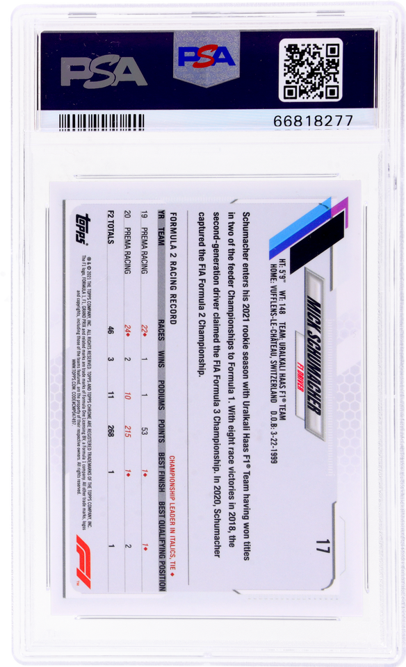 Graded 2021 Topps Chrome F1 Mick Schumacher #17 Rookie RC F1 Racing Card PSA 10 Gem Mint