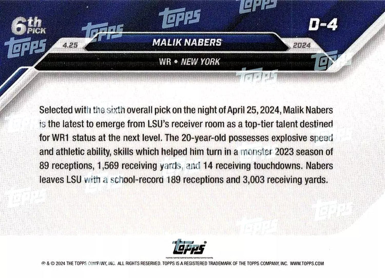 2024 Topps Now Malik Nabers #D4 Rookie RC Football Card
