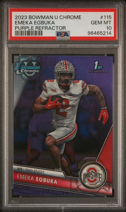Graded 2023 Topps Bowman U Chrome Emeka Egbuka #115 Purple Refractor /399 Rookie RC Football Card PSA 10 Gem Mint
