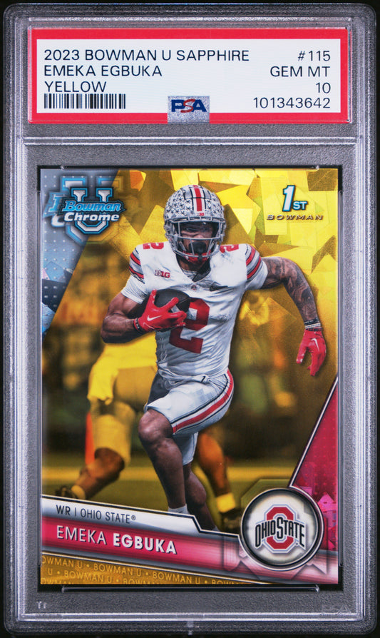 Graded 2023 Topps Bowman U Sapphire Emeka Egbuka #115 Yellow /75 Rookie RC Football Card PSA 10 Gem Mint