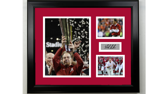 Framed Nick Saban Alabama Crimson Tide Facsimile Laser Engraved Signature Football 14x11 3 Photo Collage