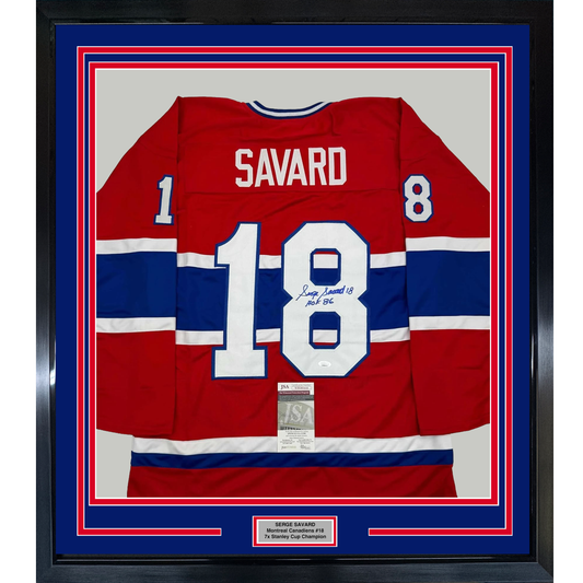 Framed Autographed/Signed Serge Savard 35x39 HOF 86 Montreal Red Hockey Jersey JSA COA