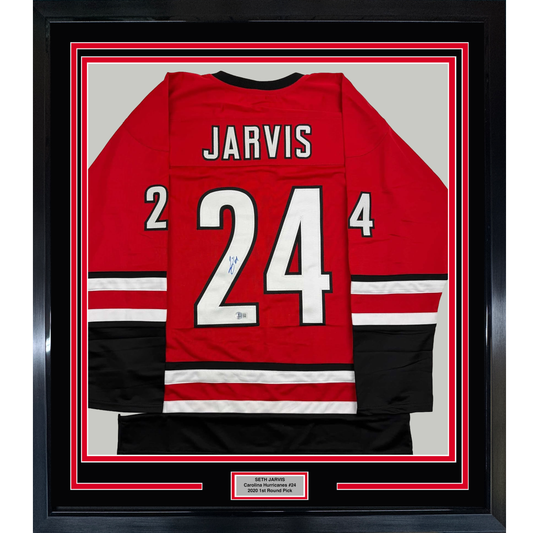 Framed Autographed/Signed Seth Jarvis 35x39 Carolina Red Hockey Jersey Beckett BAS COA