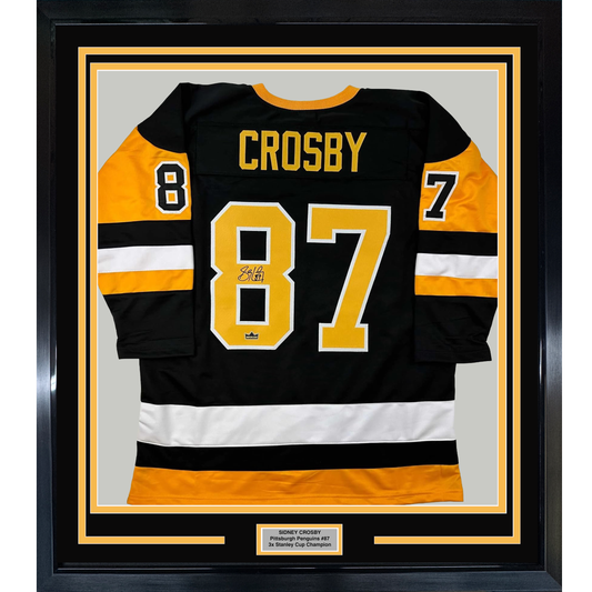 Framed Facsimile Autographed Sidney Crosby 35x39 Pittsburgh Black Reprint Laser Auto Hockey Jersey