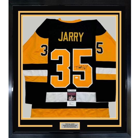 Framed Autographed/Signed Tristan Jarry 35x39 Pittsburgh Black Hockey Jersey JSA COA