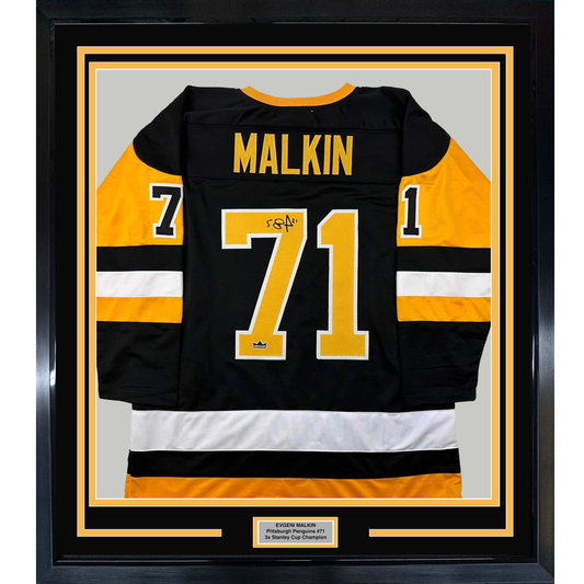 Framed Facsimile Autographed Evgeni Malkin 35x39 Pittsburgh Black Reprint Laser Auto Hockey Jersey