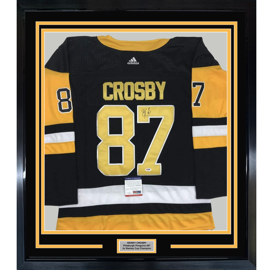 Framed Autographed/Signed Sidney Crosby 35x39 Pittsburgh Black Hockey Jersey PSA/DNA COA
