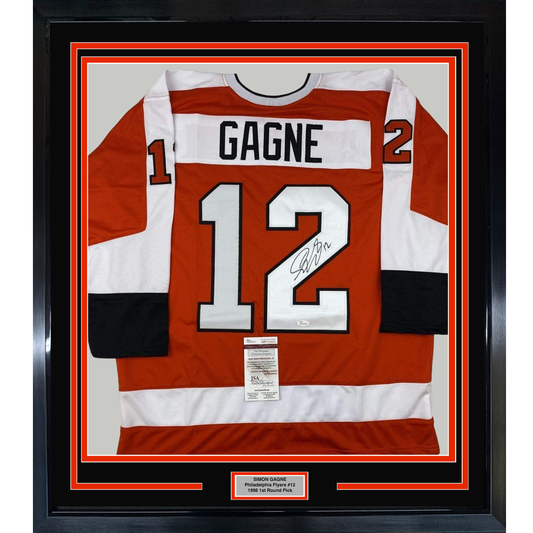 Framed Autographed/Signed Simon Gagne 35x39 Philadelphia Orange Hockey Jersey JSA COA