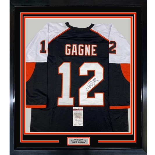 Framed Autographed/Signed Simon Gagne 35x39 Philadelphia Black Hockey Jersey JSA COA