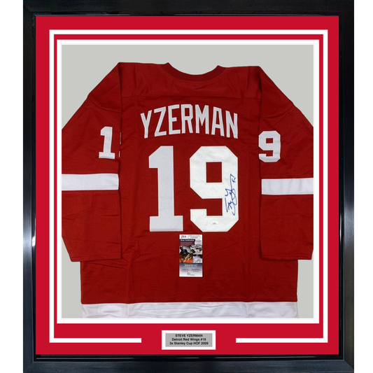 Framed Autographed/Signed Steve Yzerman 35x39 Detroit Red Hockey Jersey JSA COA