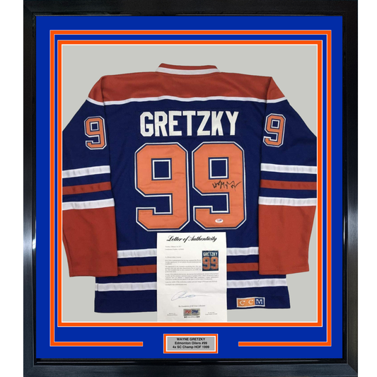 Framed Autographed/Signed Wayne Gretzky 35x39 Edmonton Blue Hockey Jersey PSA/DNA COA/LOA