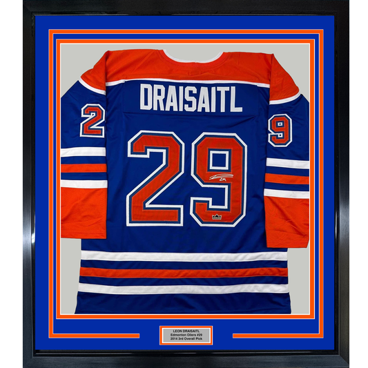 Framed Facsimile Autographed Leon Draisaitl 35x39 Edmonton Blue Reprint Laser Auto Hockey Jersey