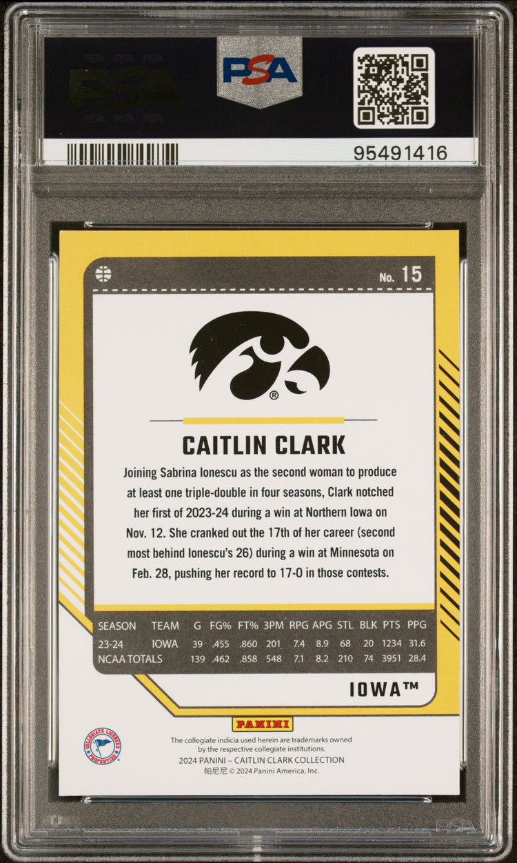 Graded 2024 Panini Caitlin Clark Collection Caitlin Clark #15 Donruss Rookie RC Basketball Card PSA 9 Mint