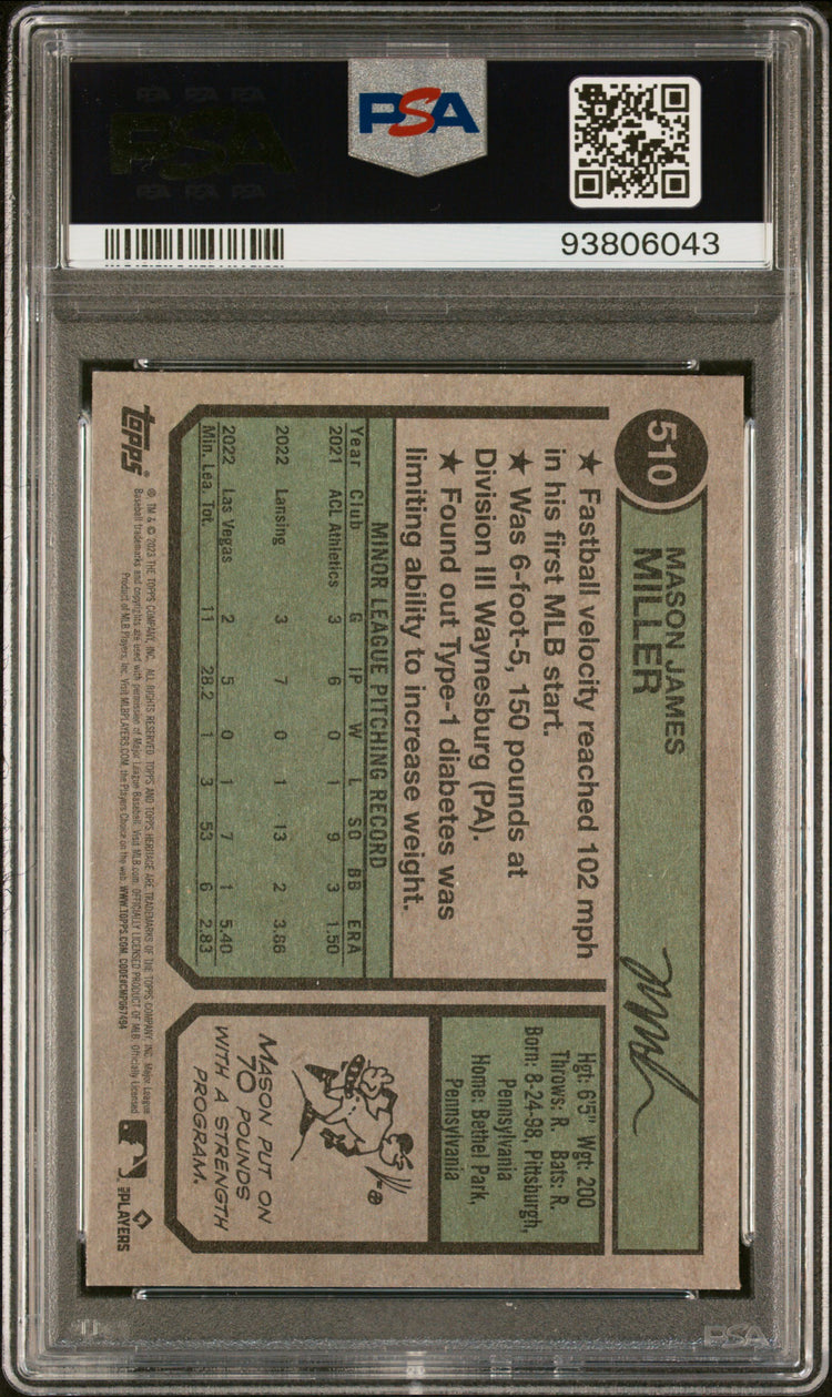 Graded 2023 Topps Heritage Mason Miller #510 Chrome Purple Hot Box Refractor Rookie RC Baseball Card PSA 10 Gem Mint