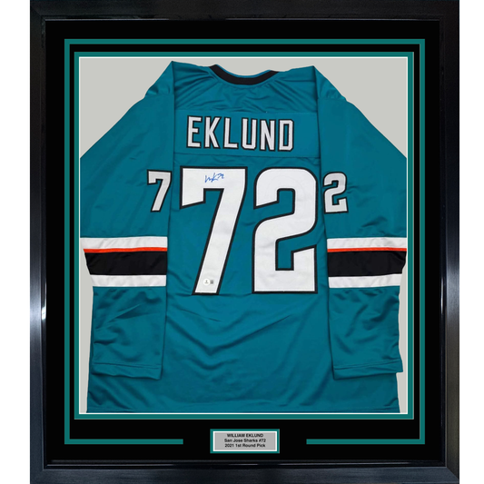 Framed Autographed/Signed William Eklund 35x39 San Jose Teal Hockey Jersey Beckett BAS COA
