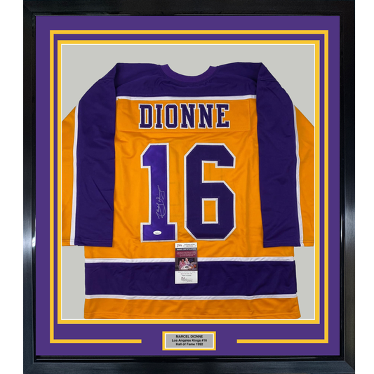 Framed Autographed/Signed Marcel Dionne 35x39 Los Angeles LA Yellow Hockey Jersey JSA COA