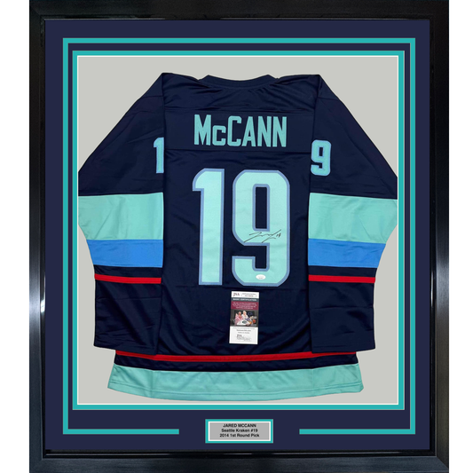 Framed Autographed/Signed Jared McCann 35x39 Seattle Blue Hockey Jersey JSA COA