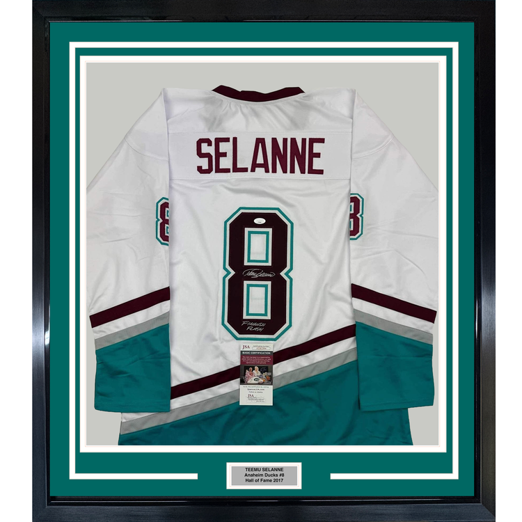 Framed Autographed/Signed Teemu Selanne Finnish Flash 35x39 Anaheim White Retro Hockey Jersey JSA COA