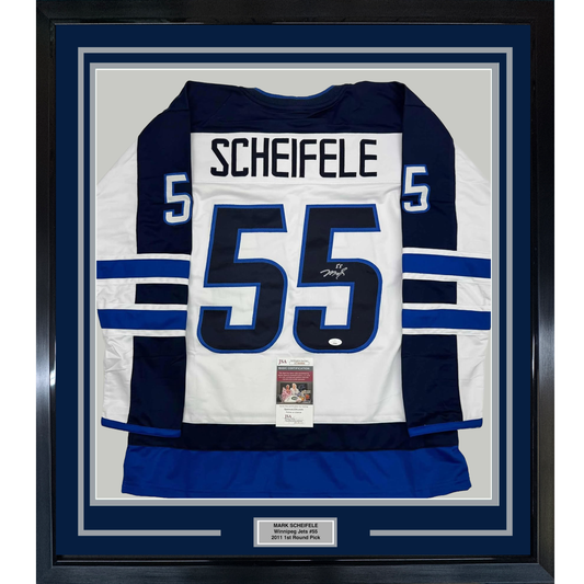 Framed Autographed/Signed Mark Scheifele 35x39 Winnipeg White Hockey Jersey JSA COA