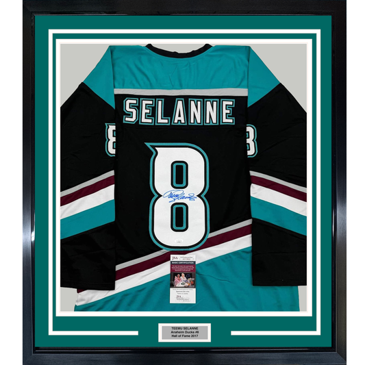 Framed Autographed/Signed Teemu Selanne 35x39 Anaheim Black Retro Hockey Jersey JSA COA