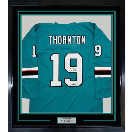 Framed Facsimile Autographed Joe Thornton 35x39 San Jose Teal Reprint Laser Auto Hockey Jersey