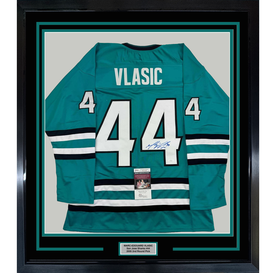 Framed Autographed/Signed Marc-Edouard Vlasic 35x39 San Jose Teal Hockey Jersey JSA COA