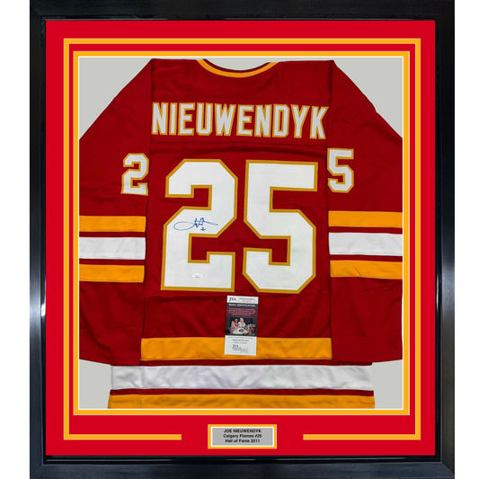 Framed Autographed/Signed Joe Nieuwendyk 35x39 Calgary Red Hockey Jersey JSA COA