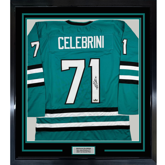 Framed Facsimile Autographed Macklin Celebrini 35x39 San Jose Teal Reprint Laser Auto Hockey Jersey
