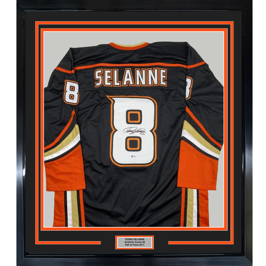 Framed Autographed/Signed Teemu Selanne 35x39 Anaheim Black Hockey Jersey Beckett BAS COA