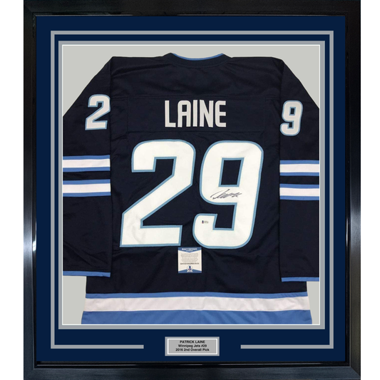 Framed Autographed/Signed Patrik Laine 35x39 Winnipeg Blue Hockey Jersey Beckett BAS COA