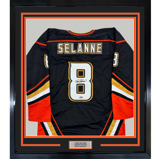 Framed Facsimile Autographed Teemu Selanne 35x39 Anaheim Black Reprint Laser Auto Hockey Jersey