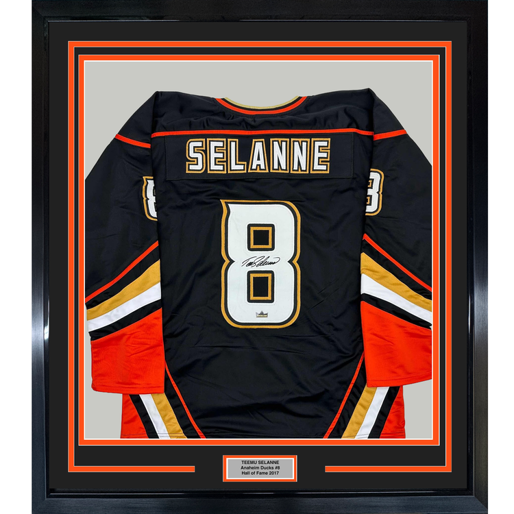 Framed Facsimile Autographed Teemu Selanne 35x39 Anaheim Black Reprint Laser Auto Hockey Jersey