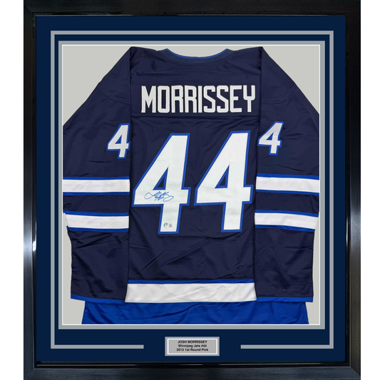 Framed Autographed/Signed Josh Morrissey 35x39 Winnipeg Blue Hockey Jersey Beckett BAS COA