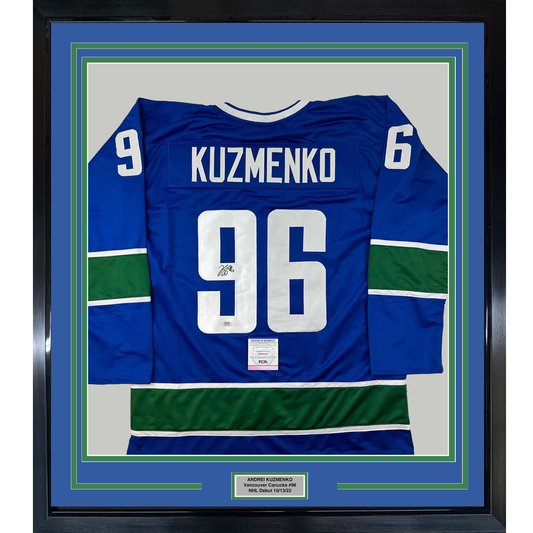 Framed Autographed/Signed Andrei Kuzmenko 35x39 Vancouver Blue Hockey Jersey PSA/DNA COA