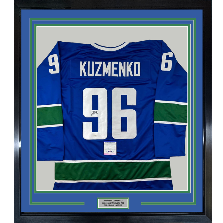 Framed Autographed/Signed Andrei Kuzmenko 35x39 Vancouver Blue Hockey Jersey PSA/DNA COA