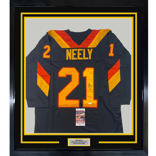 Framed Autographed/Signed Cam Neely 35x39 Vancouver Black Hockey Jersey JSA COA