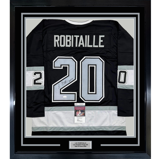Framed Autographed/Signed Luc Robitaille HOF 09 35x39 Los Angeles LA Black Hockey Jersey JSA COA