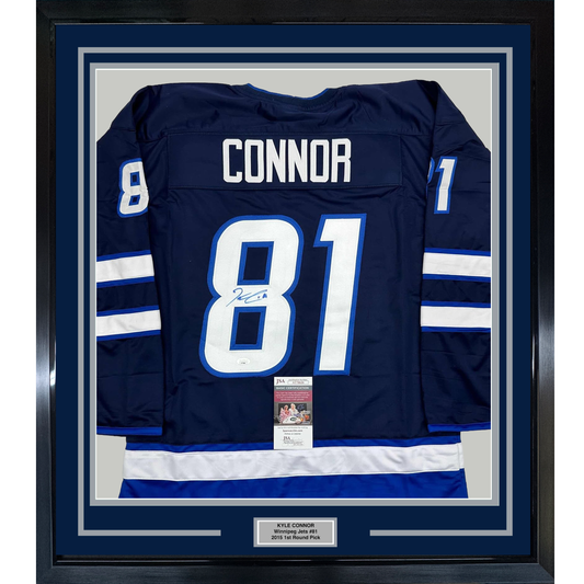 Framed Autographed/Signed Kyle Connor 35x39 Winnipeg Blue Hockey Jersey JSA COA