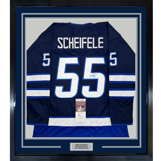 Framed Autographed/Signed Mark Scheifele 35x39 Winnipeg Blue Hockey Jersey JSA COA