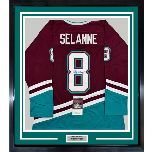 Framed Autographed/Signed Teemu Selanne 35x39 Anaheim Maroon Retro Hockey Jersey JSA COA