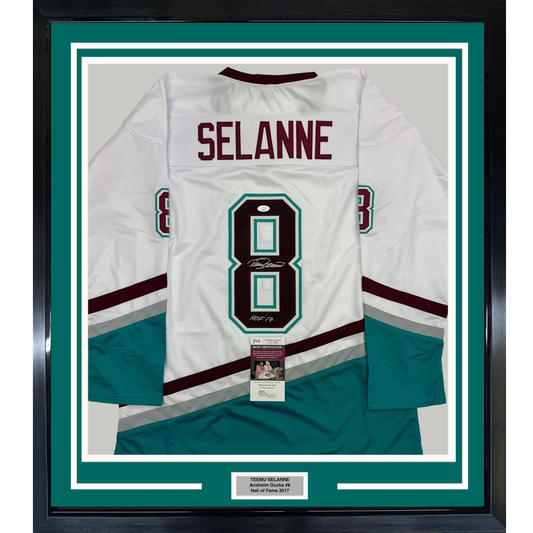 Framed Autographed/Signed Teemu Selanne HOF 35x39 Anaheim White Retro Hockey Jersey JSA COA
