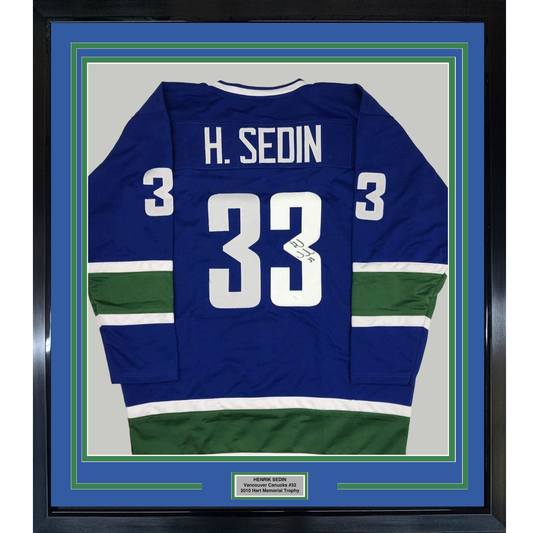 Framed Autographed/Signed Henrik Sedin 35x39 Vancouver Blue Hockey Jersey JSA COA Holo Only