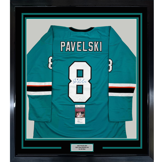 Framed Autographed/Signed Joe Pavelski 35x39 San Jose Teal Hockey Jersey JSA COA