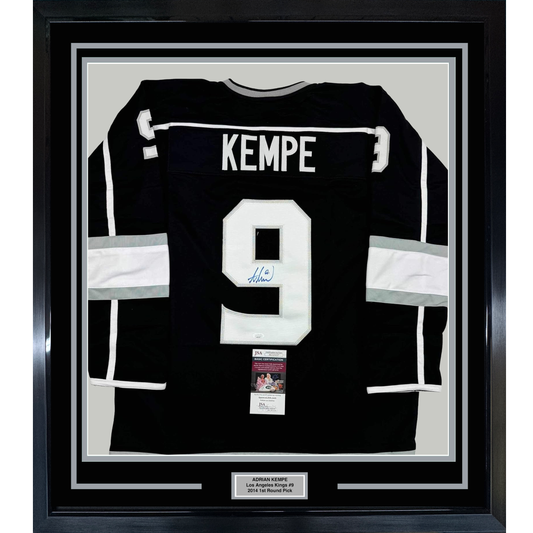 Framed Autographed/Signed Adrian Kempe 35x39 Los Angeles LA Black Hockey Jersey JSA COA