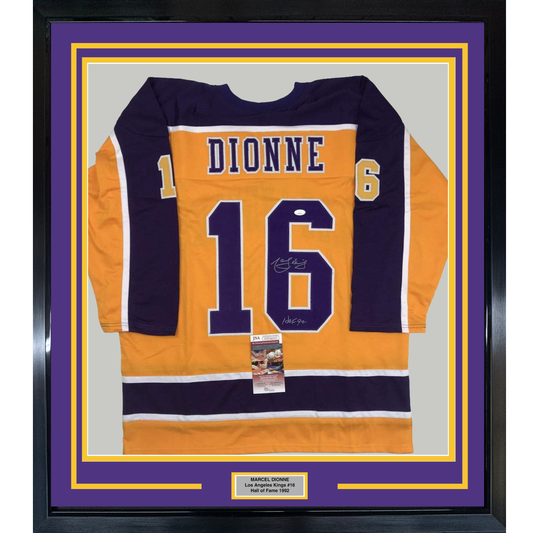 Framed Autographed/Signed Marcel Dionne HOF 92  35x39 Los Angeles LA Yellow Hockey Jersey JSA COA
