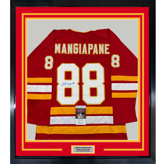 Framed Autographed/Signed Andrew Mangiapane 35x39 Calgary Red Hockey Jersey JSA COA