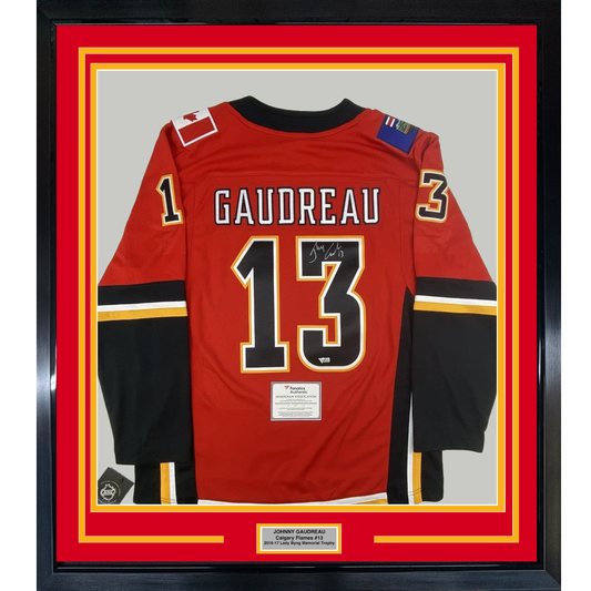 Framed Autographed/Signed Johnny Gaudreau 35x39 Calgary Flames Red Hockey Jersey Fanatics COA