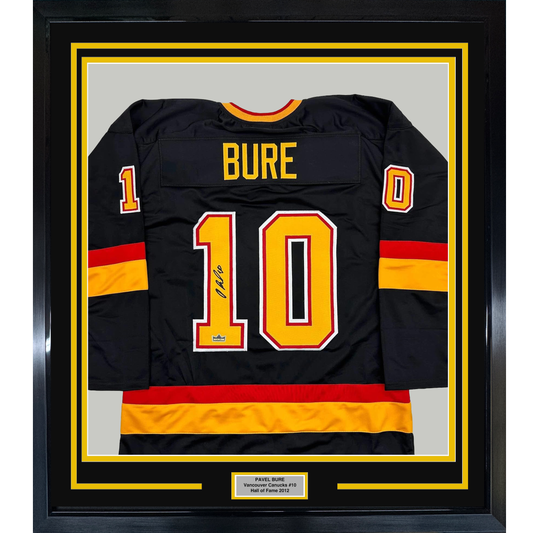 Framed Facsimile Autographed Pavel Bure 35x39 Vancouver Black Reprint Laser Auto Hockey Jersey